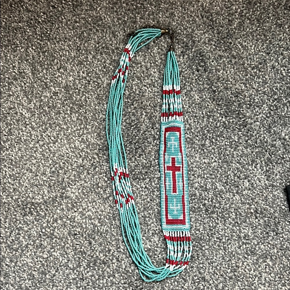 Beaded Cross Statement Necklace in Turquoise and Red - Women Jewelry